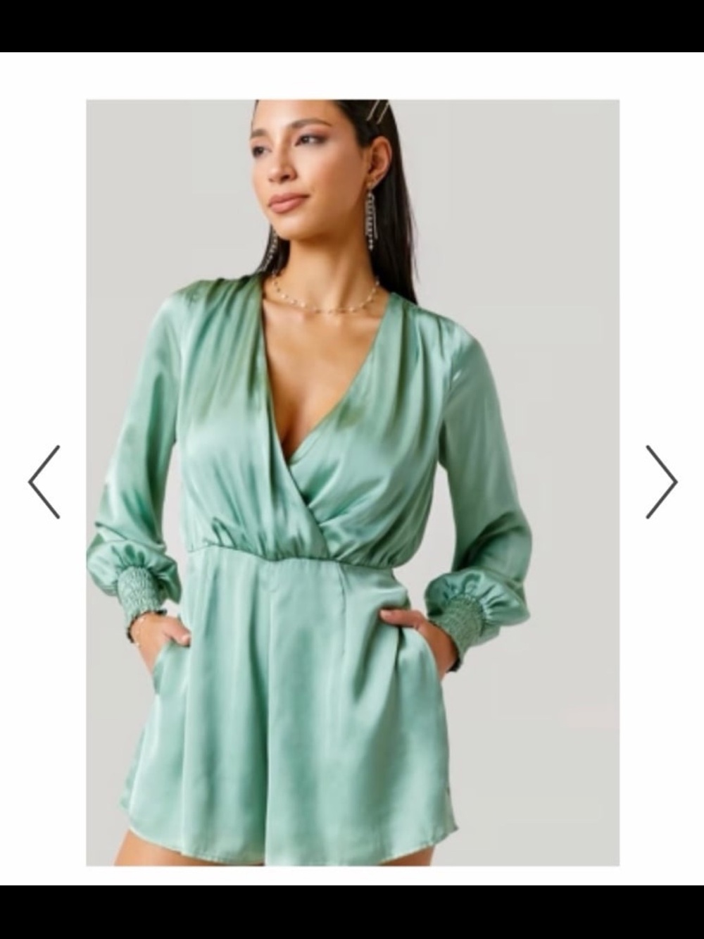 Francesca’s Collections Satin V-Neck Long Sleeve Romper in sage/mint Green